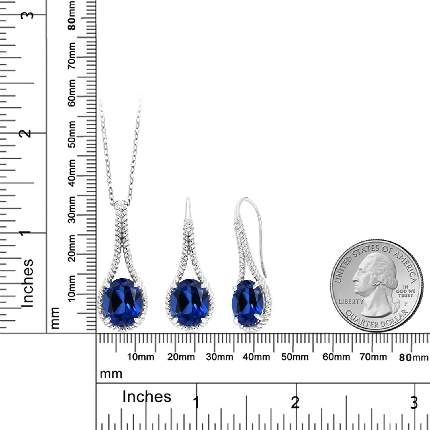 Blue Created Sapphire - September_Pendant Earrings Set in 925 Sterling Silver