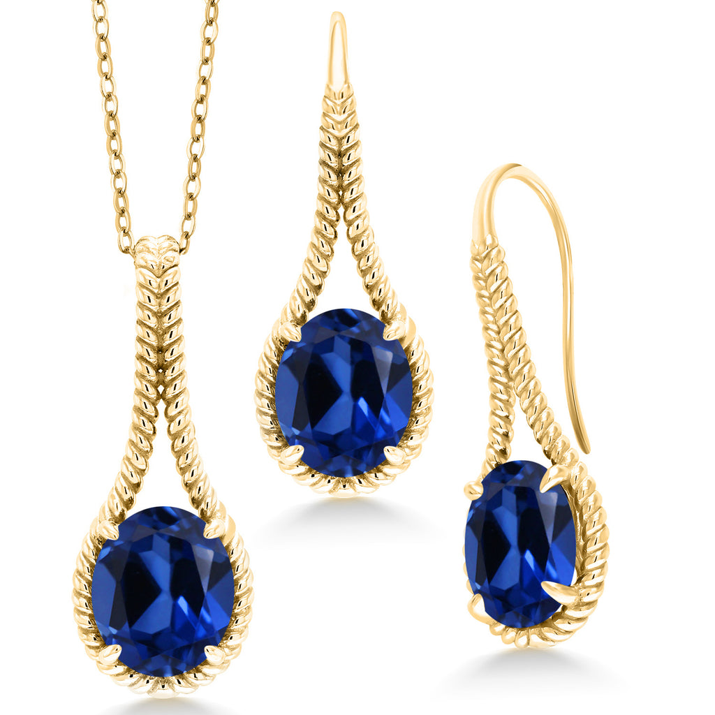 Blue Created Sapphire - September_Pendant Earrings Set in 925 Yellow Gold Plated Silver