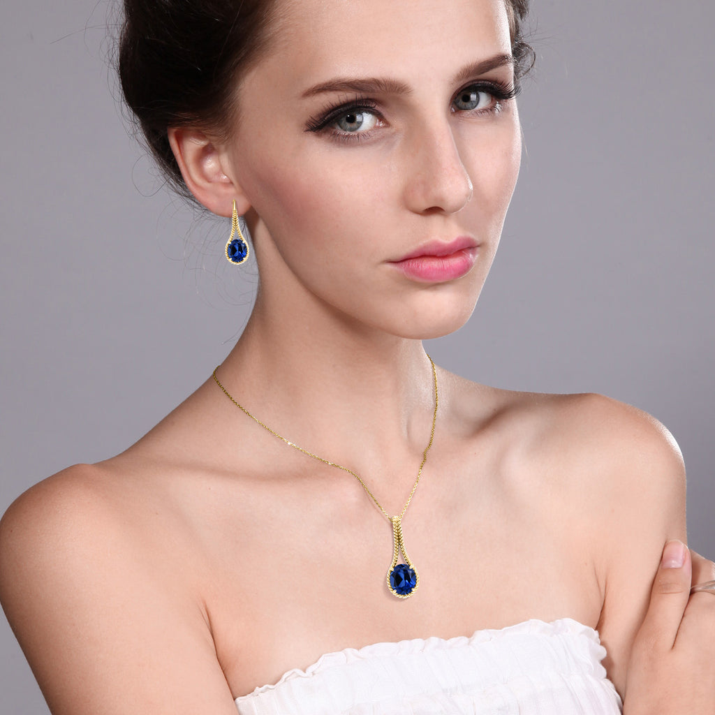 Blue Created Sapphire - September_Pendant Earrings Set in 925 Yellow Gold Plated Silver