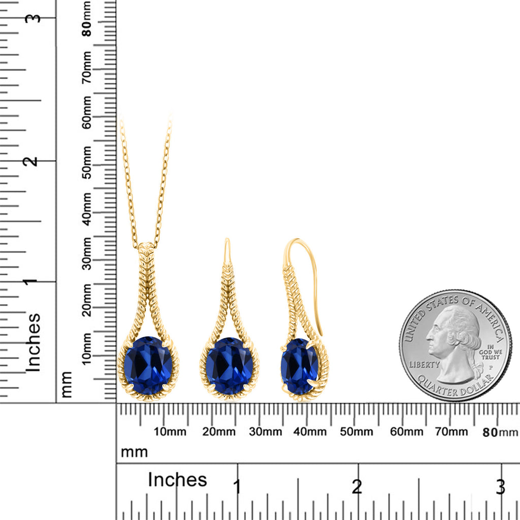 Blue Created Sapphire - September_Pendant Earrings Set in 925 Yellow Gold Plated Silver