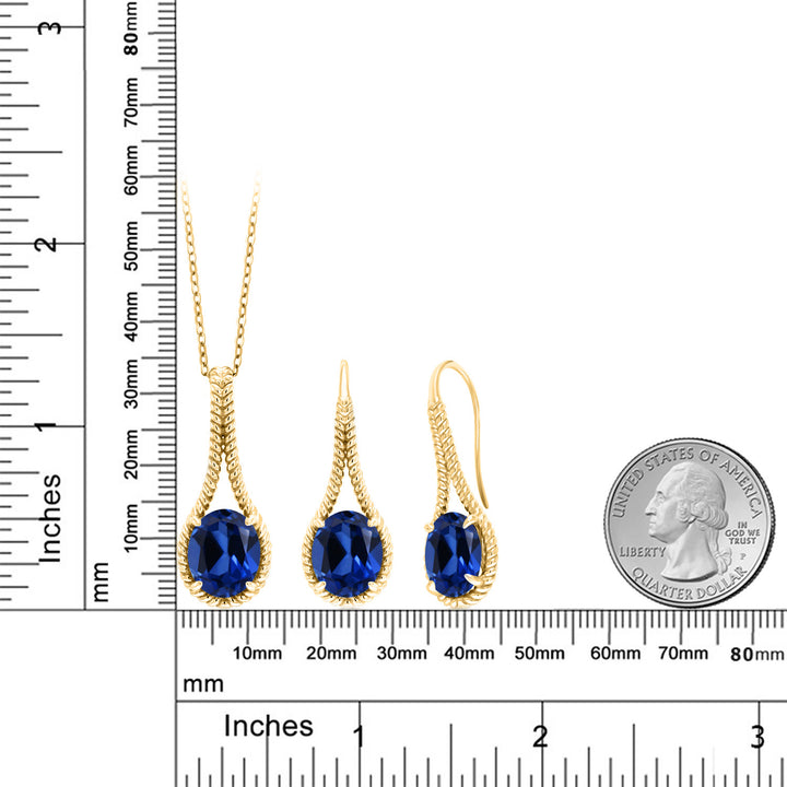 Blue Created Sapphire - September_Pendant Earrings Set in 925 Yellow Gold Plated Silver