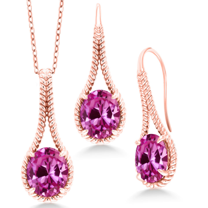 Pink Created Sapphire - September_Pendant Earrings Set in 925 Rose Gold Plated Silver
