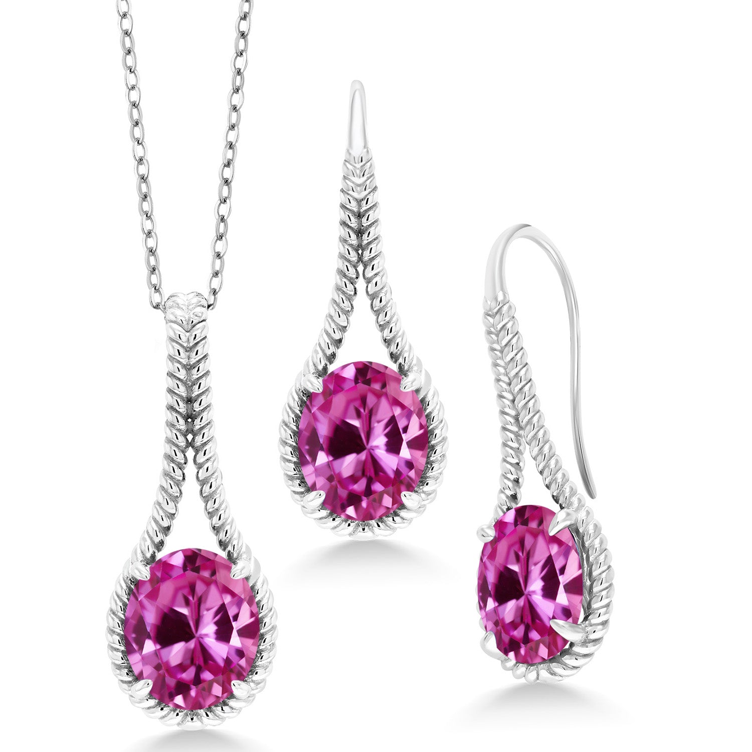 Pink Created Sapphire - September_Pendant Earrings Set in 925 Sterling Silver
