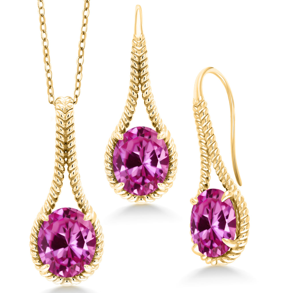 Pink Created Sapphire - September_Pendant Earrings Set in 925 Yellow Gold Plated Silver