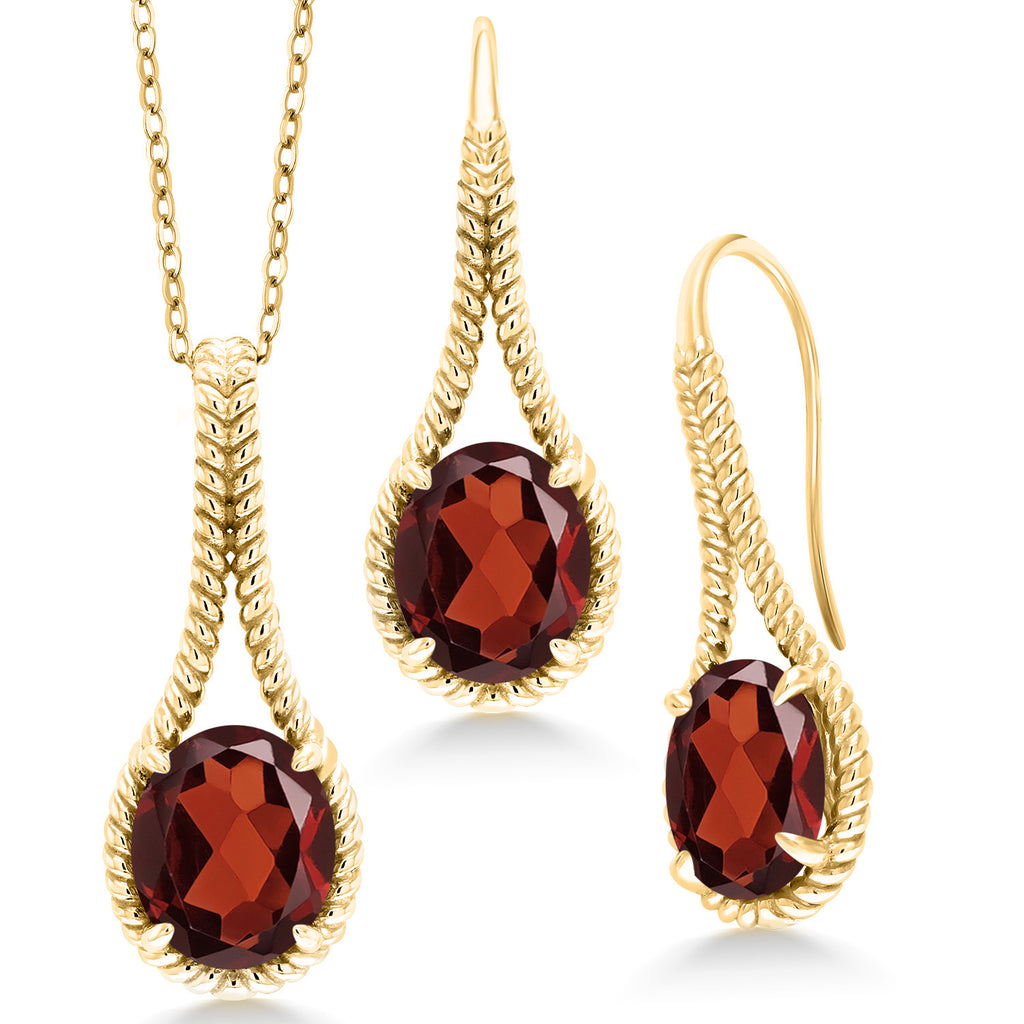 Garnet - January_Pendant Earrings Set in 925 Yellow Gold Plated Silver