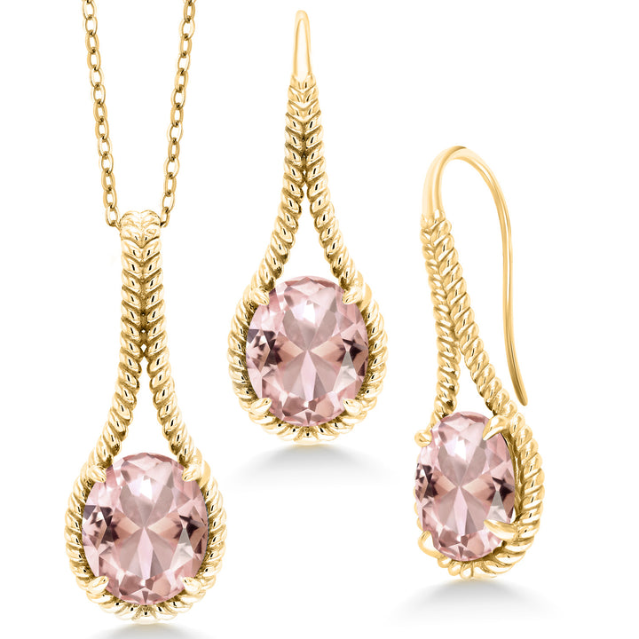 Nano Morganite - October_Pendant Earrings Set in 925 Yellow Gold Plated Silver