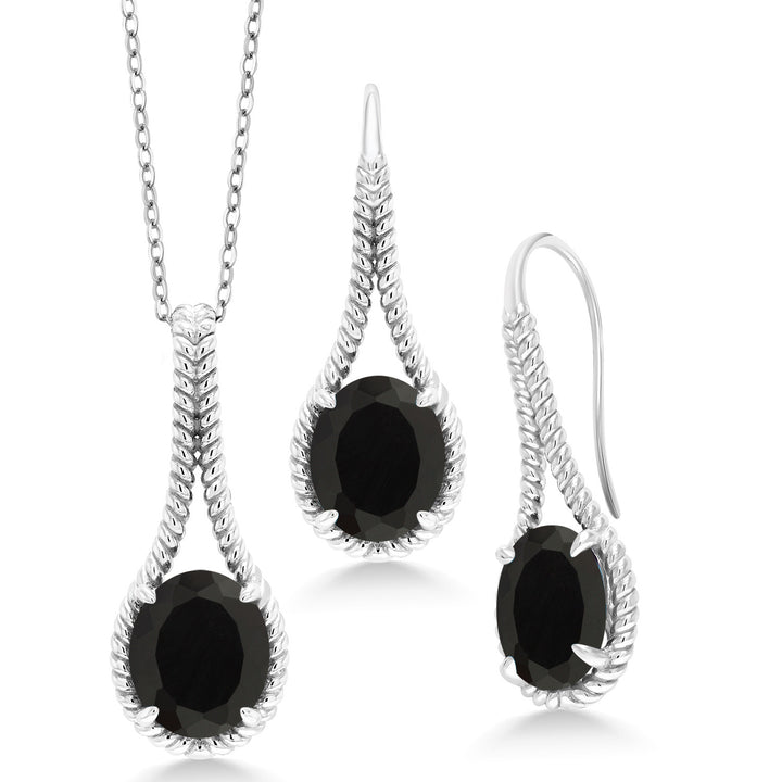 12.00 Cttw Oval Black Onyx Pendant and Earrings Jewelry Set For Women In 925 Sterling Silver | Gemstone Birthstone I Oval 12X10MM | With 18 Inch Chain