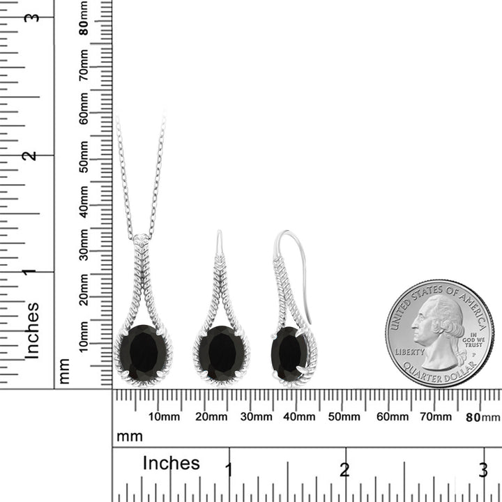 12.00 Cttw Oval Black Onyx Pendant and Earrings Jewelry Set For Women In 925 Sterling Silver | Gemstone Birthstone I Oval 12X10MM | With 18 Inch Chain