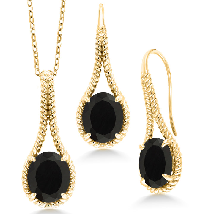 Onyx - December_Pendant Earrings Set in 925 Yellow Gold Plated Silver