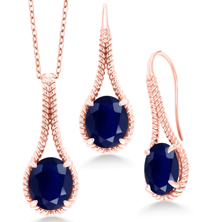 Blue Sapphire - September_Pendant Earrings Set in 925 Rose Gold Plated Silver