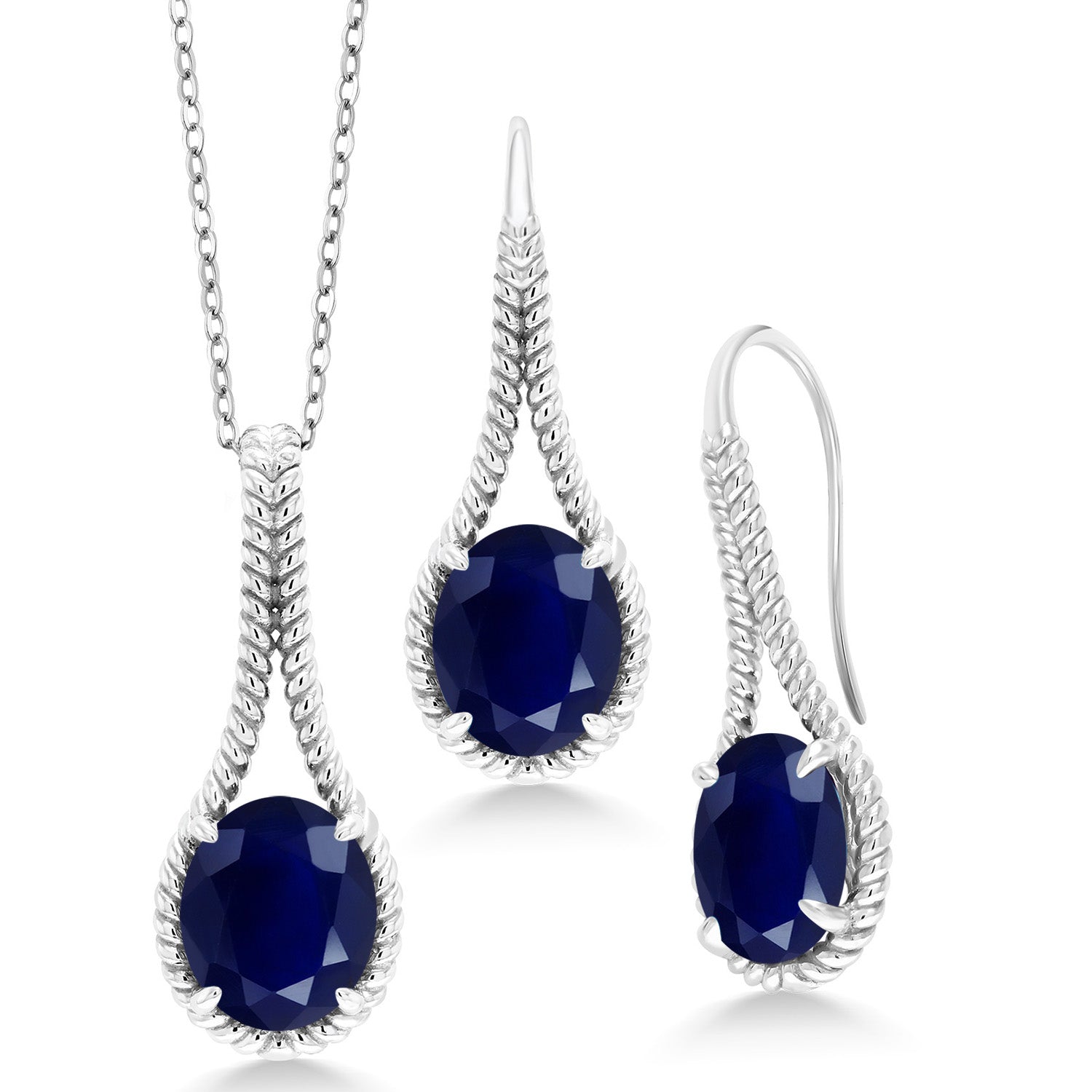 15.00 Cttw Blue Sapphire Pendant and Earrings Jewelry Set For Women In 925 Sterling Silver | Gemstone Birthstone | Oval 12X10MM | With 18 inch Silver Chain