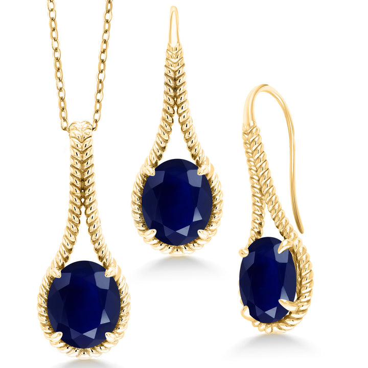Blue Sapphire - September_Pendant Earrings Set in 925 Yellow Gold Plated Silver