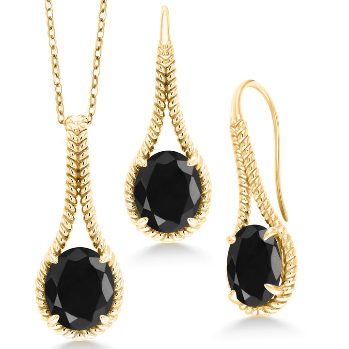 Black Sapphire - September_Pendant Earrings Set in 925 Yellow Gold Plated Silver
