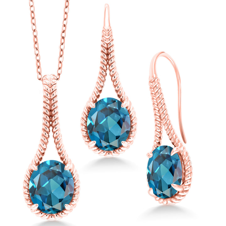 London Blue Topaz - November_Pendant Earrings Set in 925 Rose Gold Plated Silver