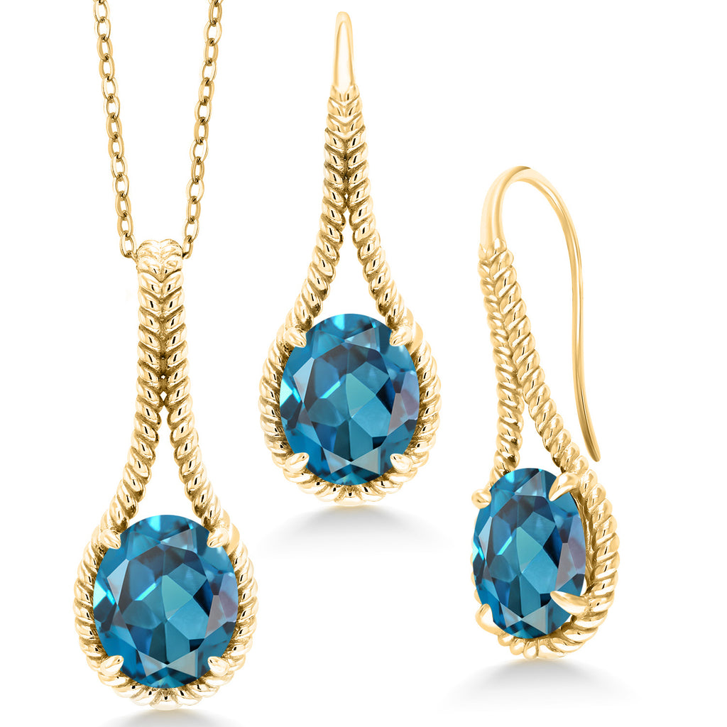 London Blue Topaz - November_Pendant Earrings Set in 925 Yellow Gold Plated Silver