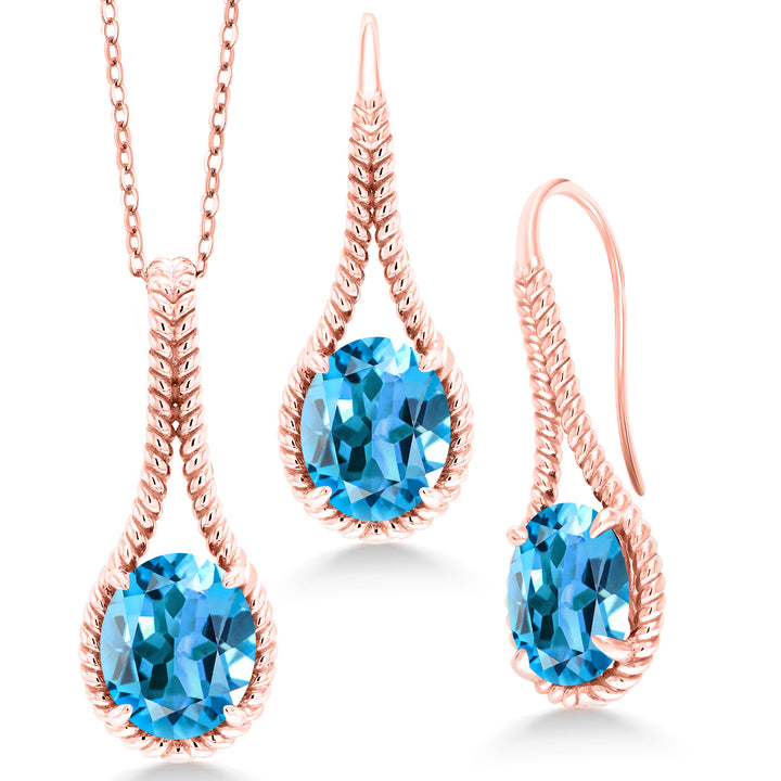 Swiss Blue Topaz - November_Pendant Earrings Set in 925 Rose Gold Plated Silver