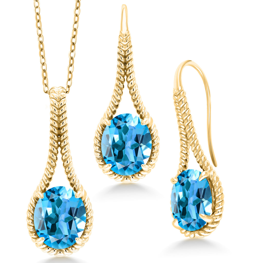 Swiss Blue Topaz - November_Pendant Earrings Set in 925 Yellow Gold Plated Silver