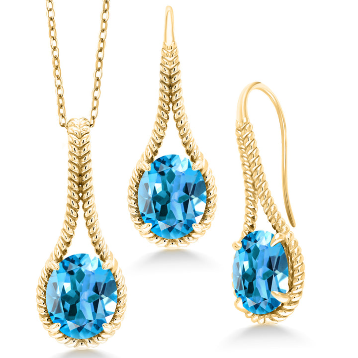 Swiss Blue Topaz - November_Pendant Earrings Set in 925 Yellow Gold Plated Silver
