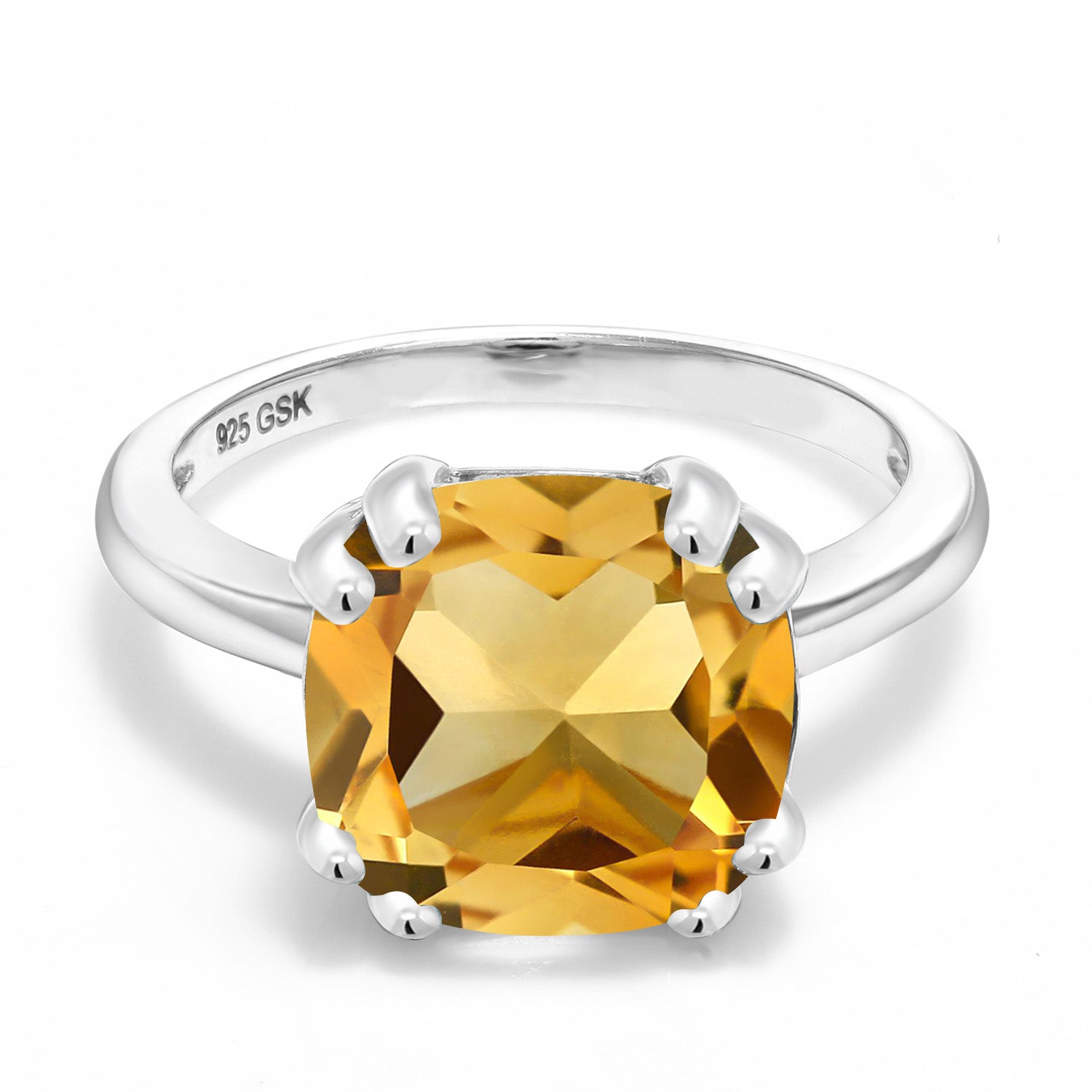 925 Sterling Silver Yellow Citrine Double Prong Ring For Women (3.22 Cttw, Cushion Cut 10MM, Gemstone Birthstone, Available In Size 5, 6, 7, 8, 9)