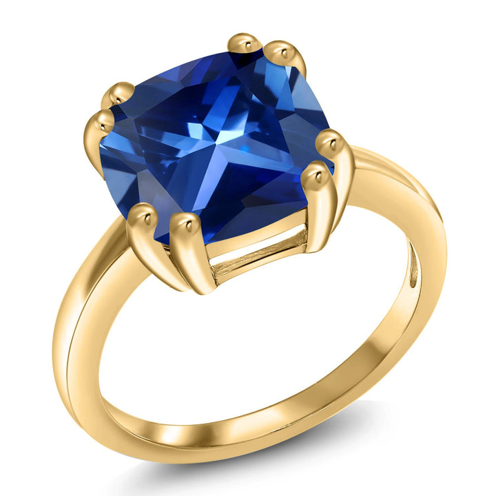Blue Created Sapphire_5_Ring in 925 Yellow Gold Plated Silver