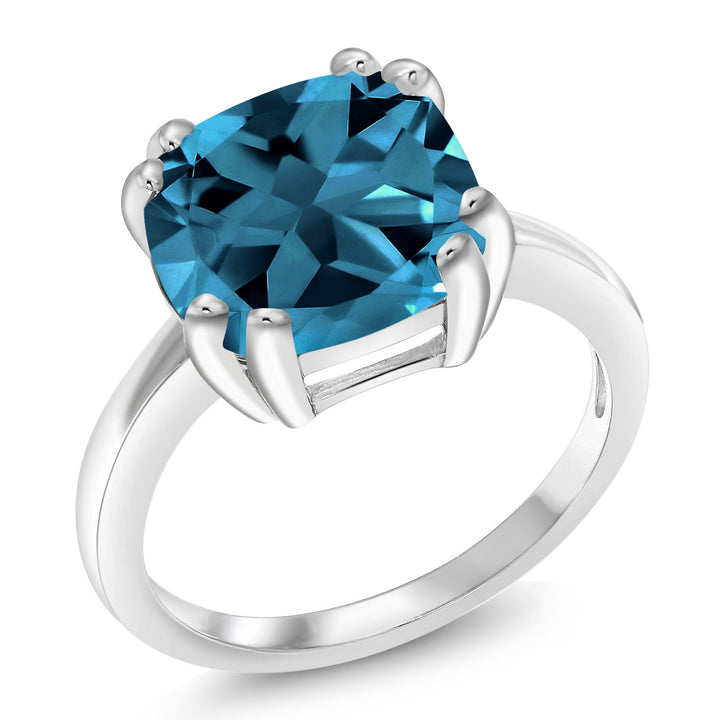 4.35 Cttw London Blue Topaz Engagement Double Prong Ring For Women In 925 Sterling Silver | 10MM Cushion Cut | Gemstone Birthstone | Available In Size 5, 6, 7, 8, 9