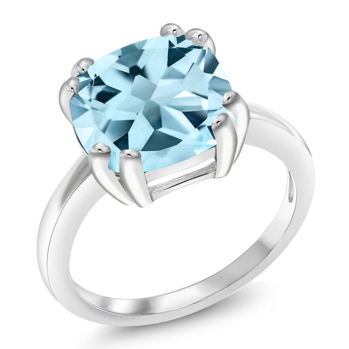 925 Sterling Silver Sky Blue Topaz Engagement Ring | Double Prong Ring for Women | 4.25 Cttw | Cushion Cut 10MM | Gemstone Birthstone | Available in size 5, 6, 7, 8, 9