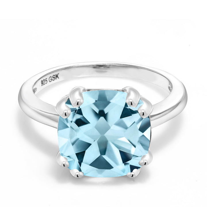 925 Sterling Silver Sky Blue Topaz Engagement Ring | Double Prong Ring for Women | 4.25 Cttw | Cushion Cut 10MM | Gemstone Birthstone | Available in size 5, 6, 7, 8, 9