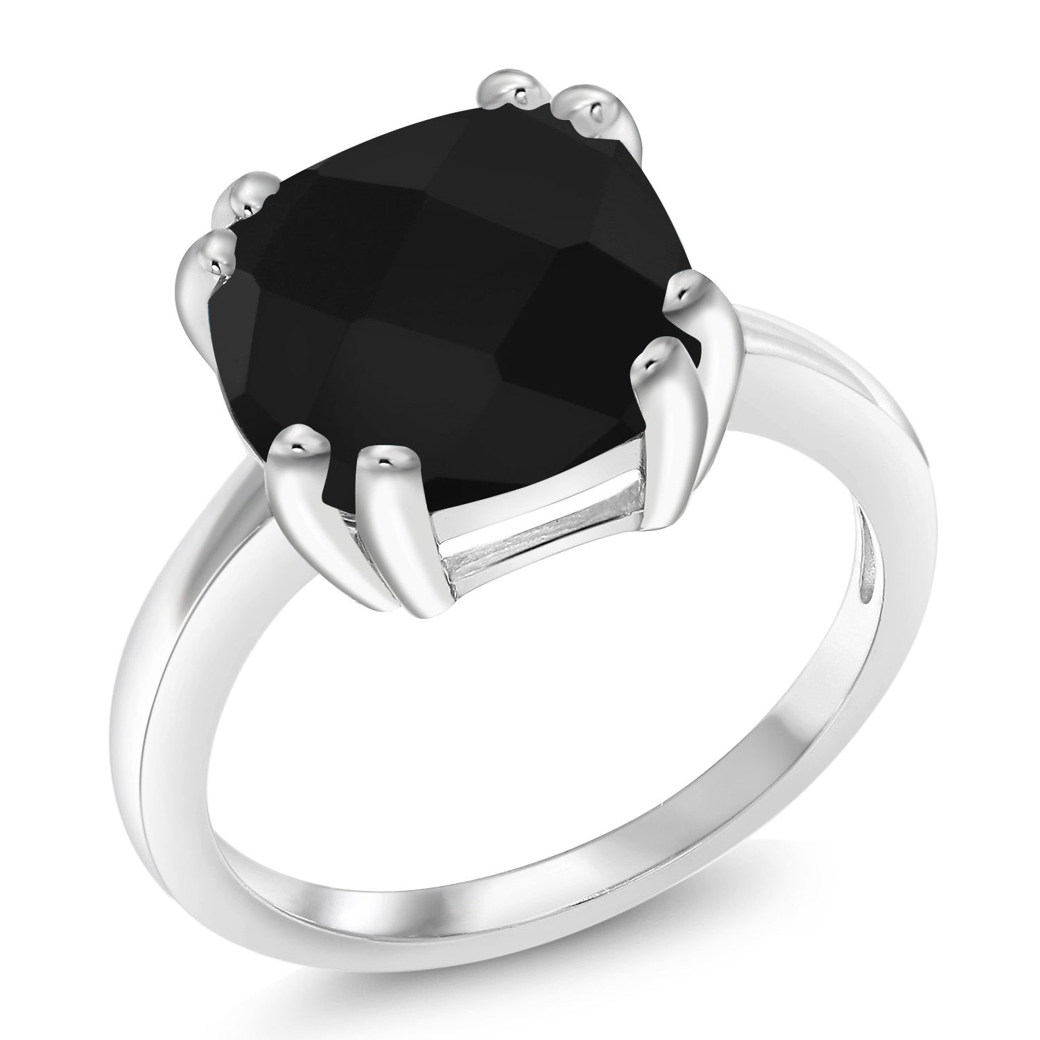 3.60 Cttw Black Onyx Engagement Ring For Women In 925 Sterling Silver | Double Prong Gemstone Birthstone Ring | Cushion Checkerboard 10MM | Available In Size 5, 6, 7, 8, 9