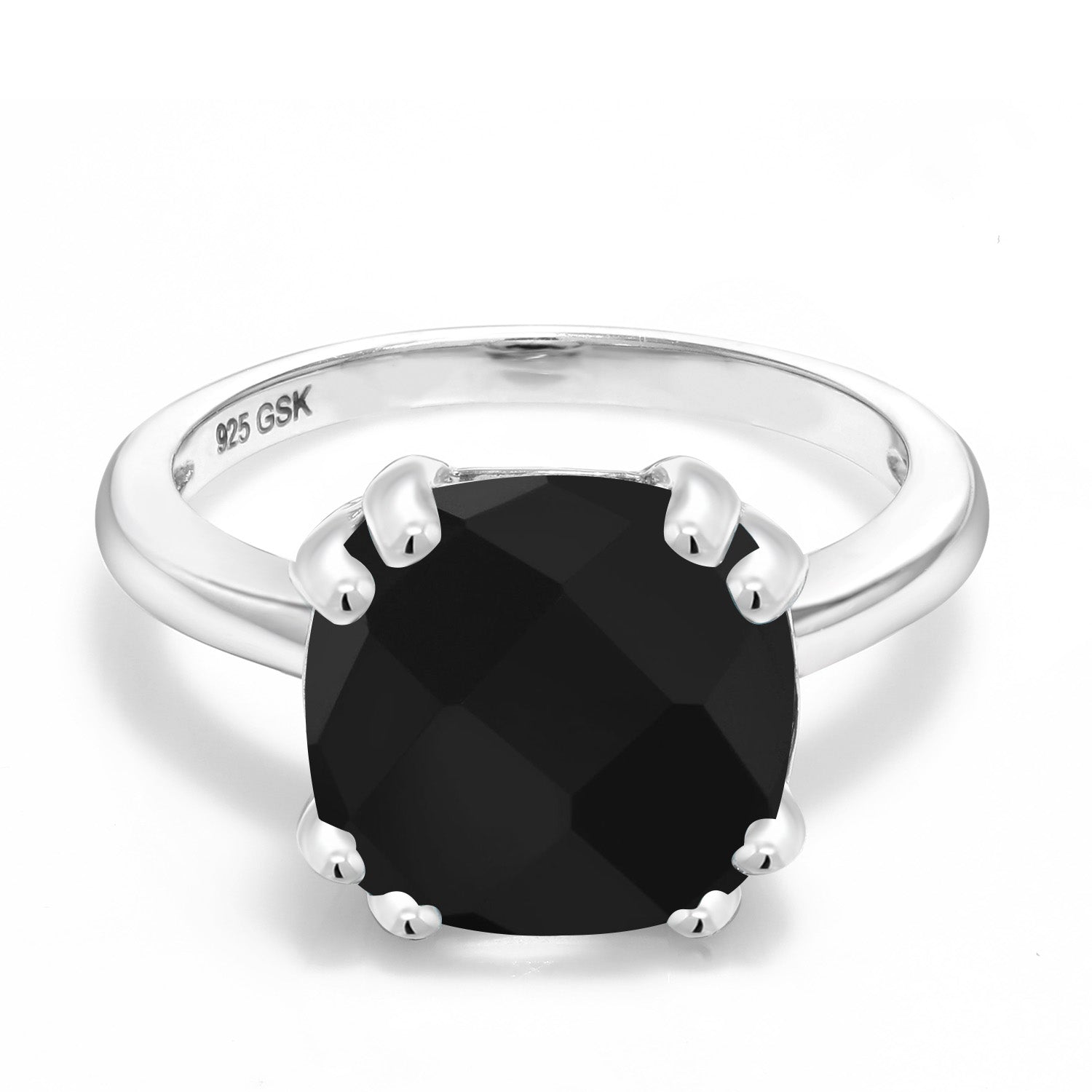 3.60 Cttw Black Onyx Engagement Ring For Women In 925 Sterling Silver | Double Prong Gemstone Birthstone Ring | Cushion Checkerboard 10MM | Available In Size 5, 6, 7, 8, 9