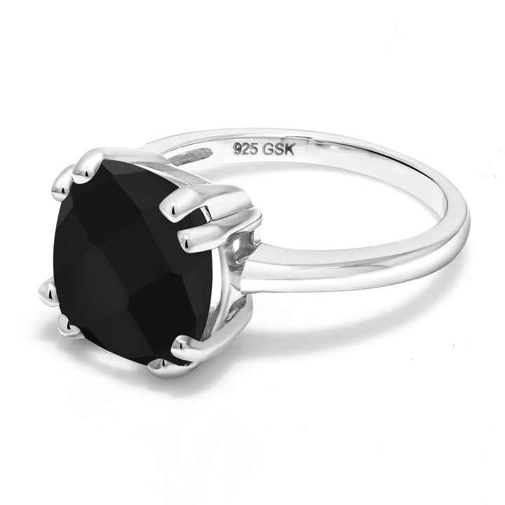 3.60 Cttw Black Onyx Engagement Ring For Women In 925 Sterling Silver | Double Prong Gemstone Birthstone Ring | Cushion Checkerboard 10MM | Available In Size 5, 6, 7, 8, 9