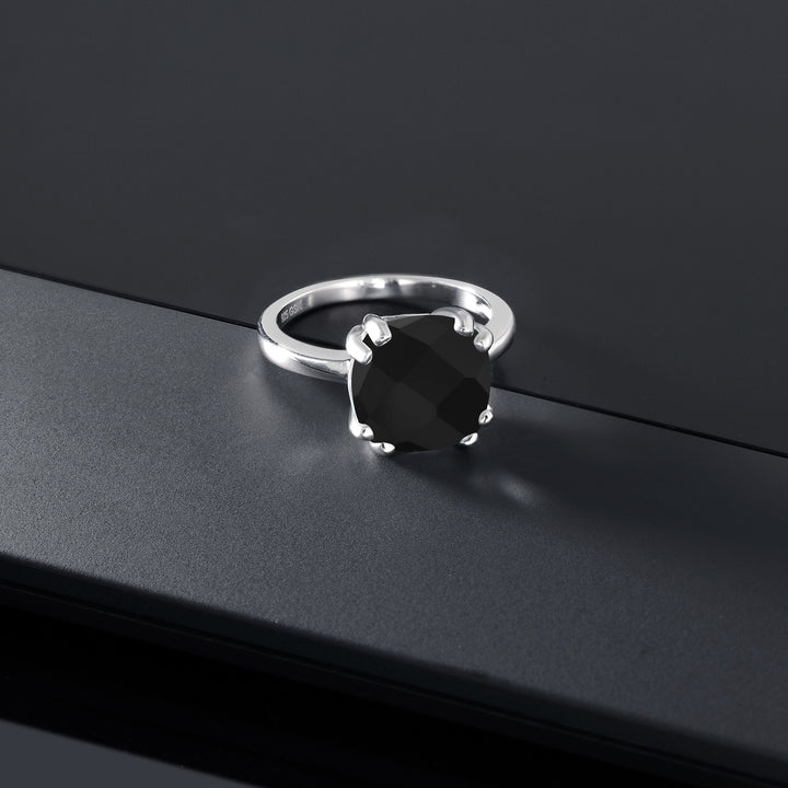 3.60 Cttw Black Onyx Engagement Ring For Women In 925 Sterling Silver | Double Prong Gemstone Birthstone Ring | Cushion Checkerboard 10MM | Available In Size 5, 6, 7, 8, 9