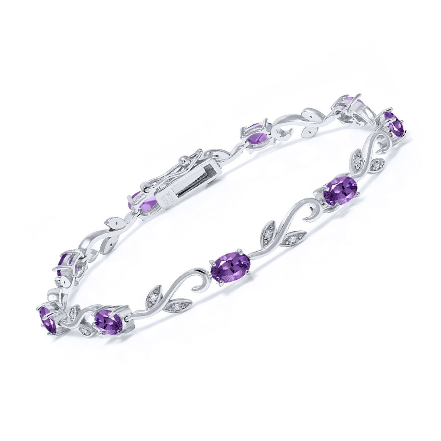 4.18 Cttw Purple Amethyst and White Diamond Greek Vine Tennis Bracelet For Women In 925 Sterling Silver | Gemstone Birthstone | Oval 6X4MM | 7 Inch