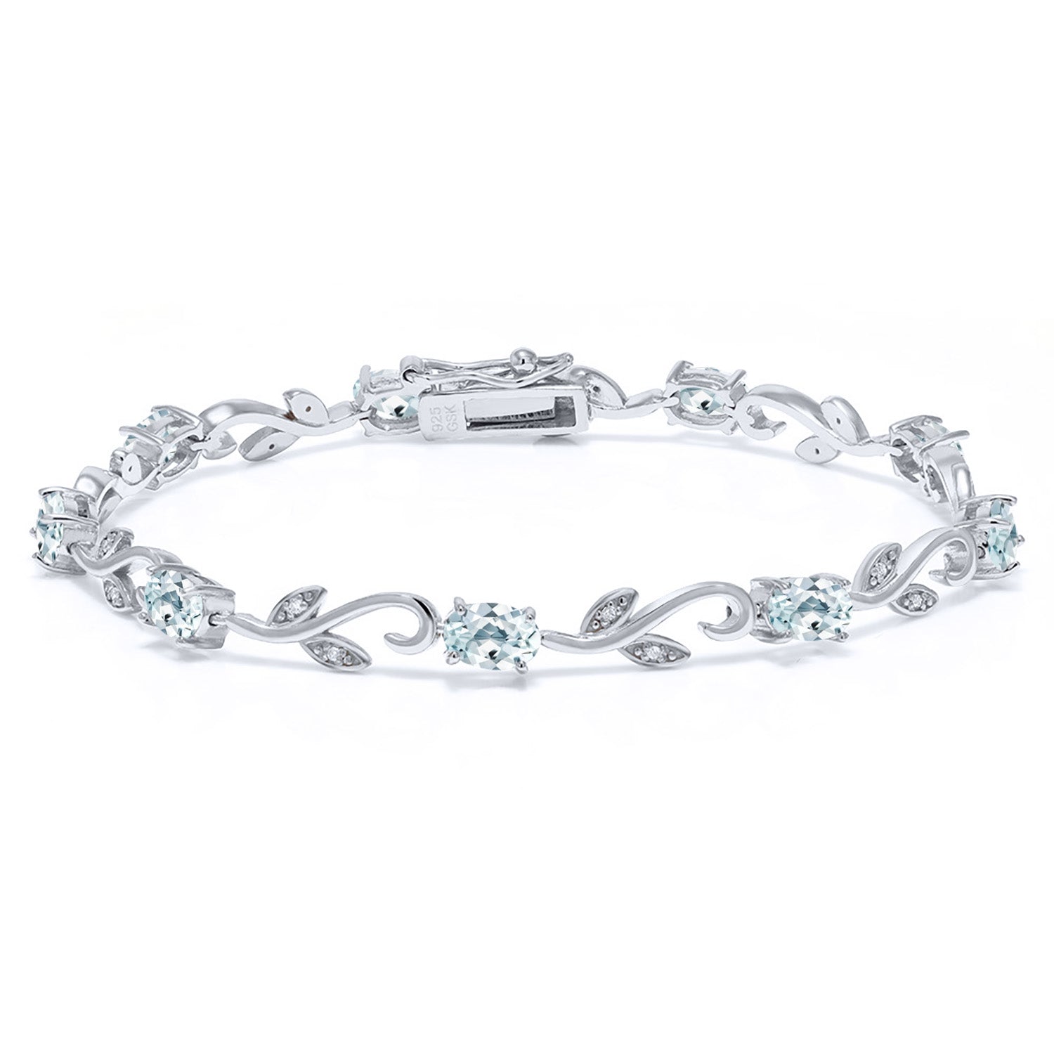 4.63 Cttw Oval Sky Blue Aquamarine and Diamond Greek Vine Tennis Bracelet For Women In 925 Sterling Silver | Gemstone Birthstone | Oval 6X4MM | 7 Inch