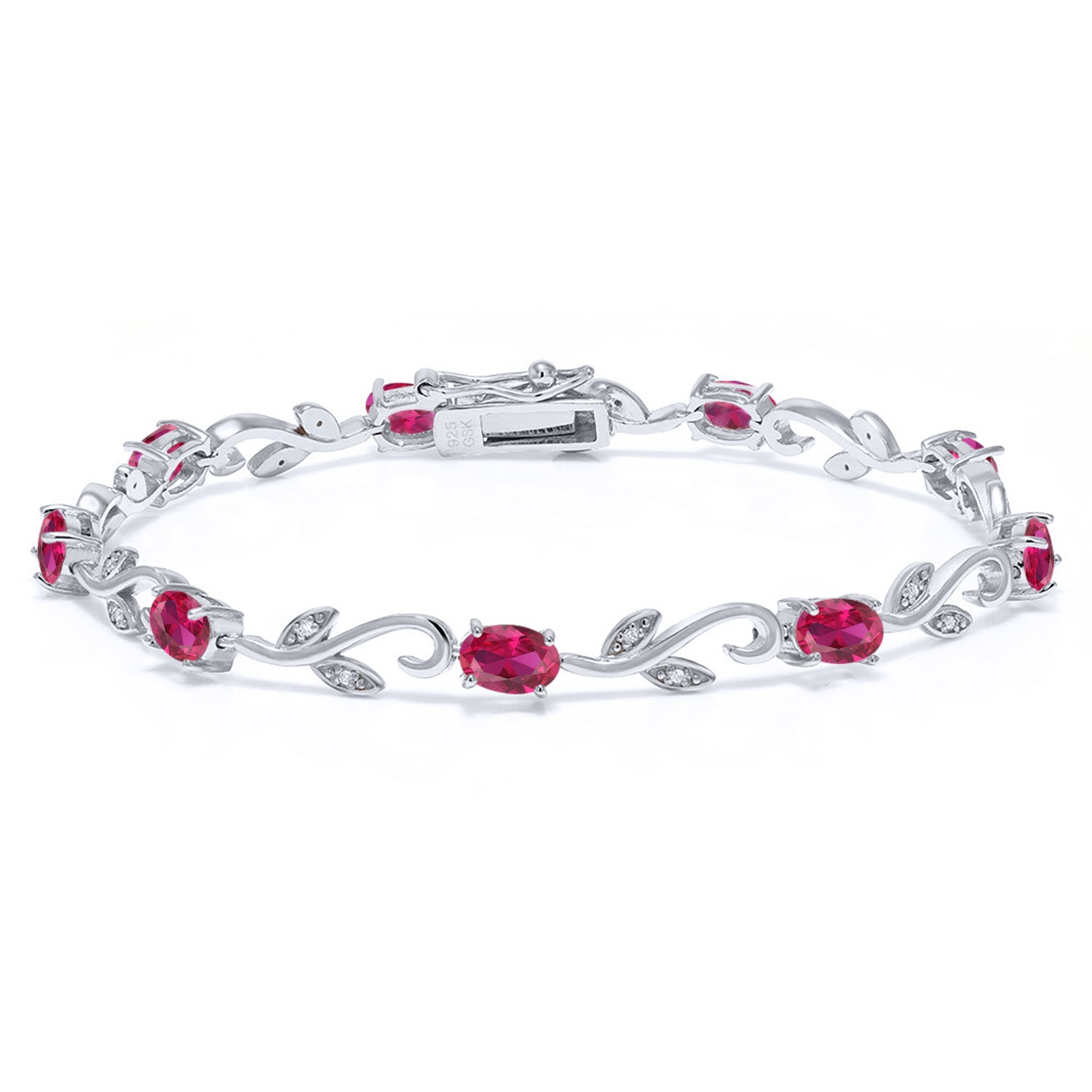 925 Sterling Silver Red Created Ruby and White Diamond Greek Vine Tennis Bracelet For Women (4.63 Cttw, Oval 6X4MM, 7 Inch)