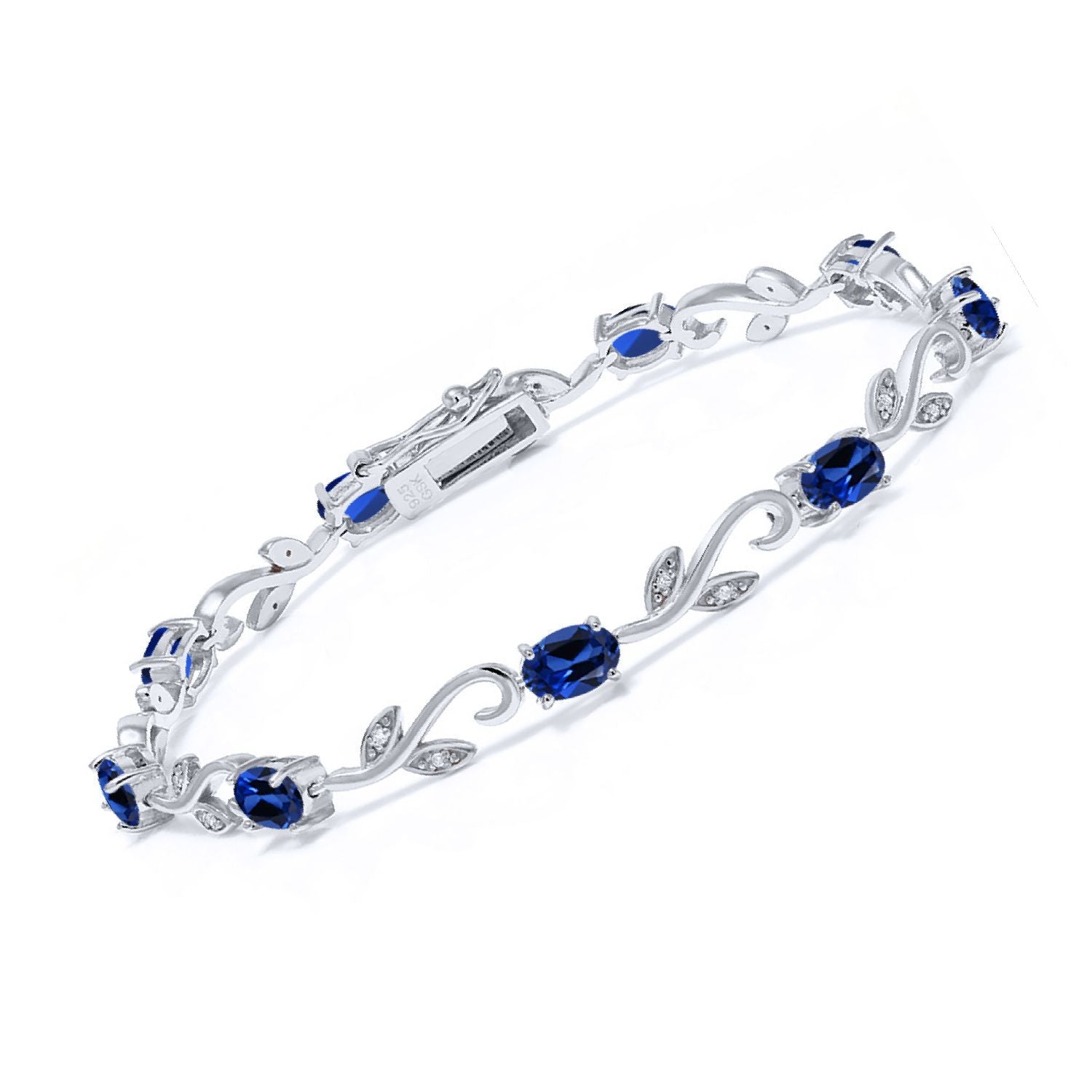 925 Sterling Silver Created Sapphire and Diamond Greek Vine Tennis Bracelet For Women (9.13 Cttw, Oval 6X4MM, 7 Inch)