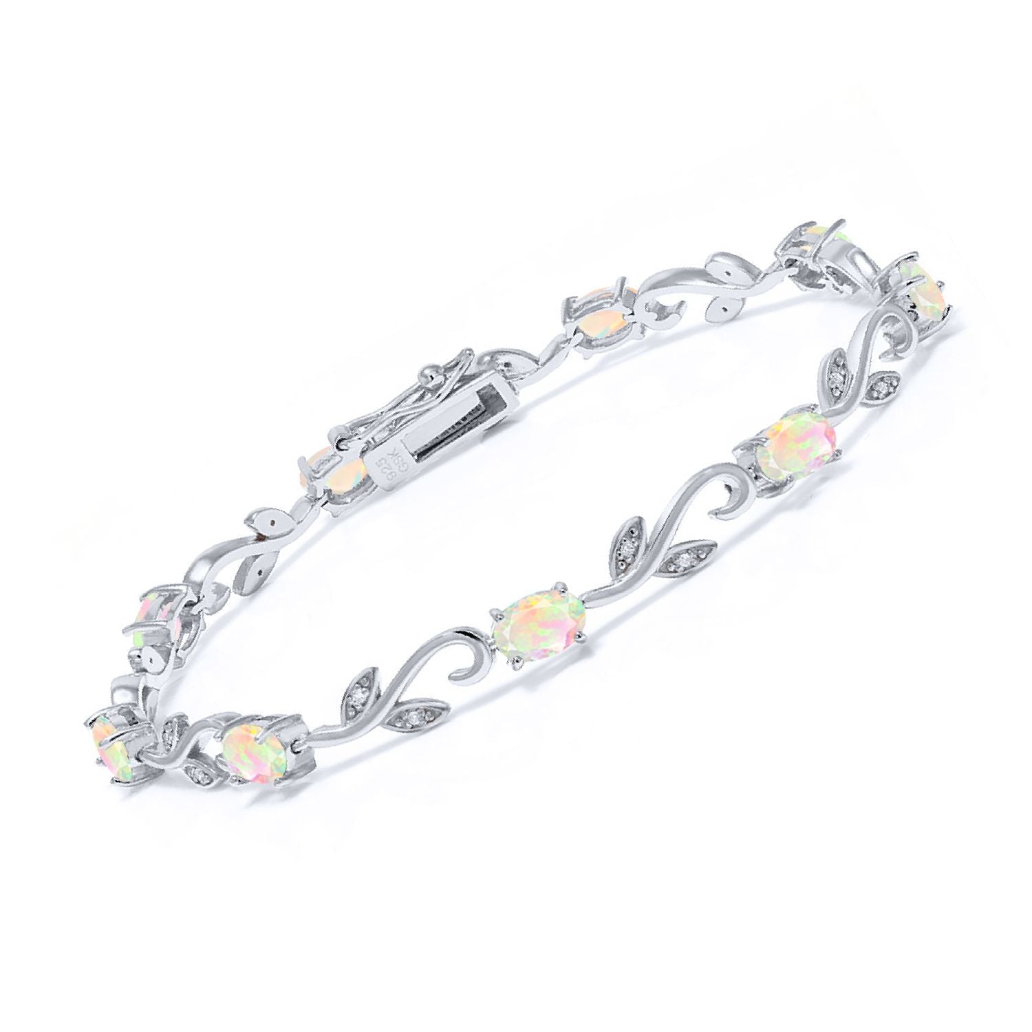 925 Sterling Silver Oval White Ethiopian Opal and White Diamond Tennis Bracelet For Women | 2.83 Cttw | Gemstone Birthstone | 7 Inch