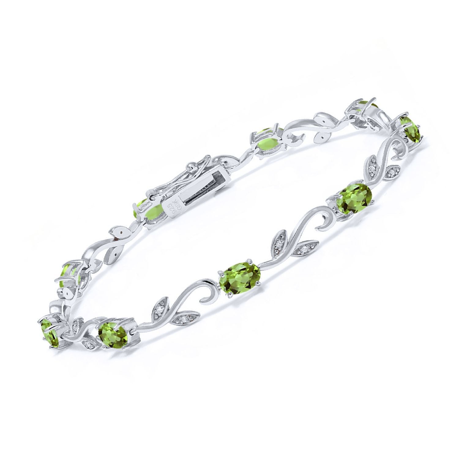 4.63 Cttw Oval Green Peridot and Diamond Greek Vine Tennis Bracelet For Women | 925 Sterling Silver | Gemstone Birthstone | 7 Inch