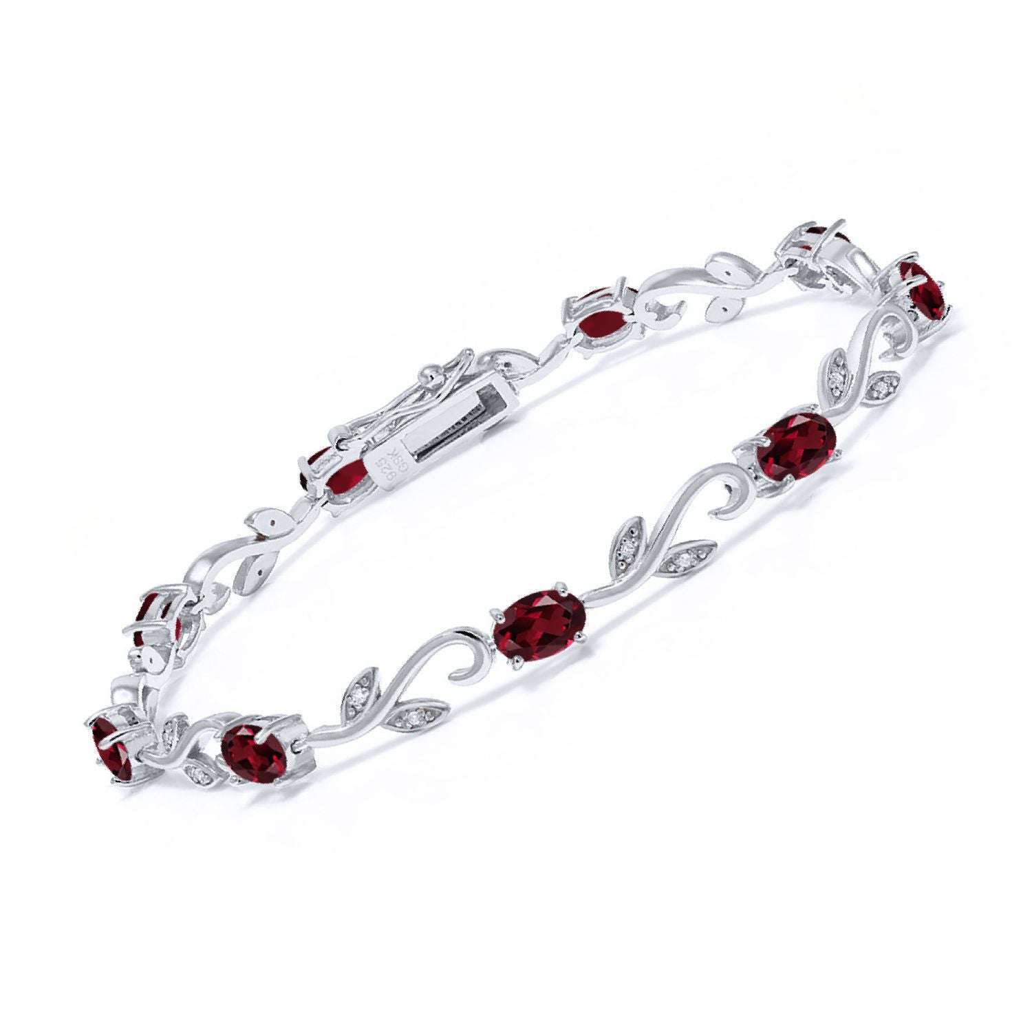 925 Sterling Silver Red Rhodolite Garnet and Diamond Greek Vine Tennis Bracelet For Women (4.63 Cttw, Gemstone Birthstone, Oval 6X4MM, 7 Inch)