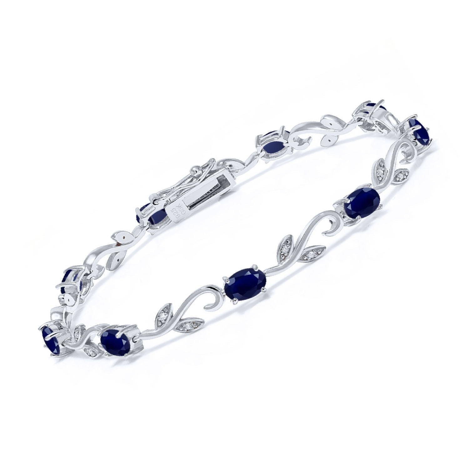 925 Sterling Silver Blue Sapphire and White Diamond Oval Tennis Bracelet | Greek Vine Bracelet for Women | 5.12 Cttw | Oval 6X4MM | Gemstone Birthstone | 7 Inch