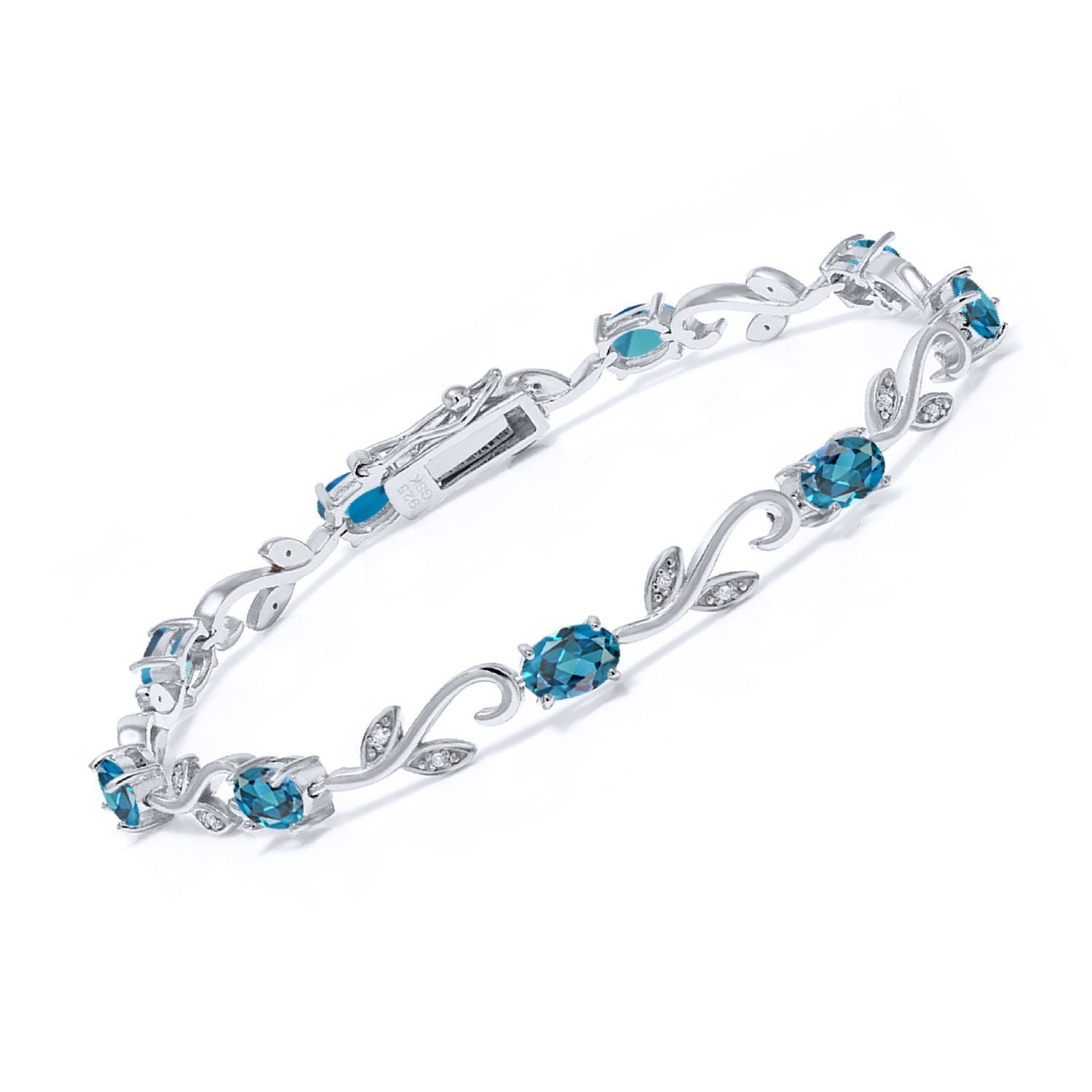 925 Sterling Silver London Blue Topaz and White Diamond Women Greek Vine Tennis Bracelet (5.53 Cttw, Oval 6X4MM, 7 Inch)