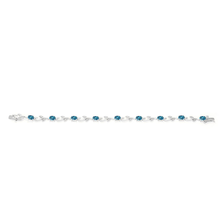 925 Sterling Silver London Blue Topaz and White Diamond Women Greek Vine Tennis Bracelet (5.53 Cttw, Oval 6X4MM, 7 Inch)