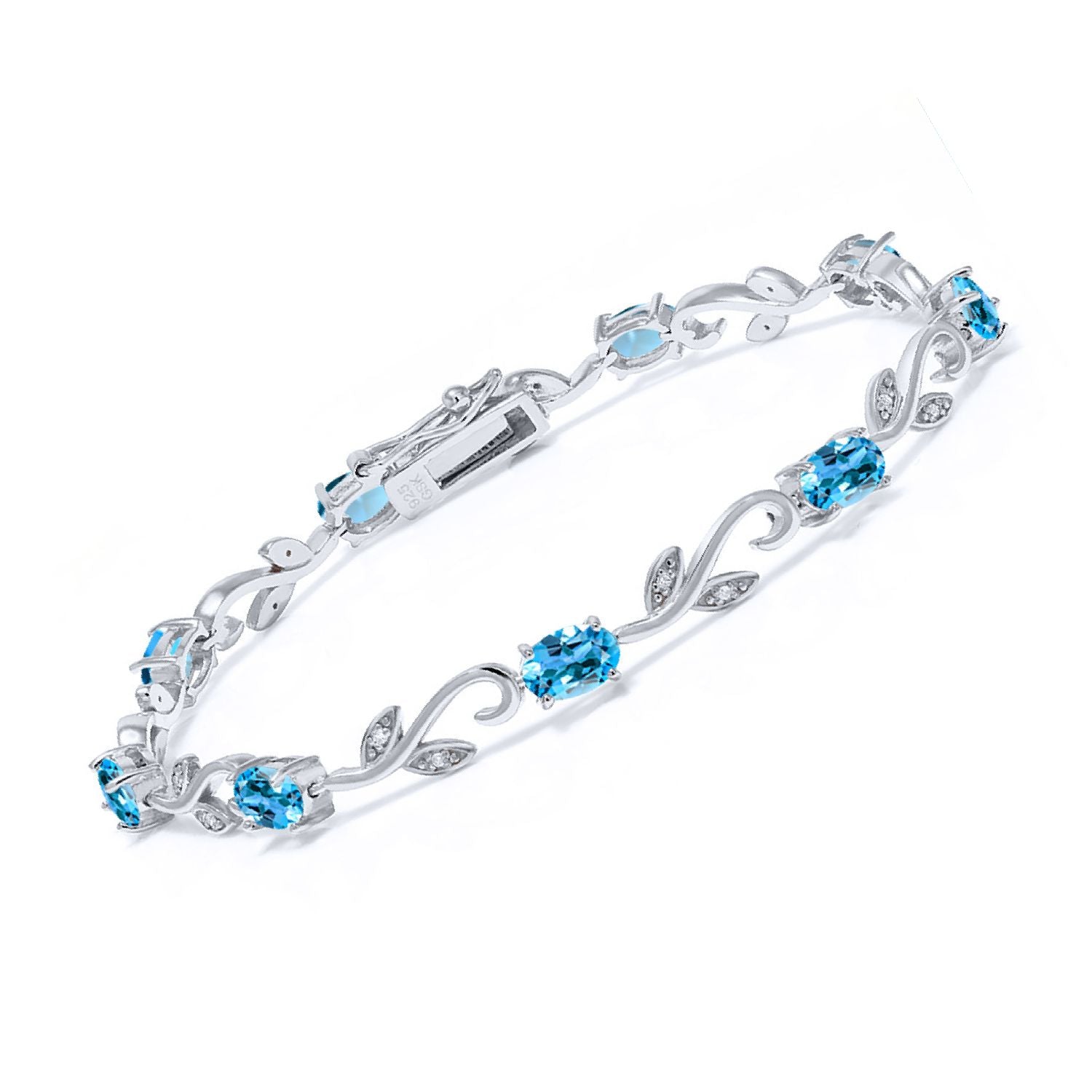 925 Sterling Silver Swiss Blue Topaz and Diamond Greek Vine Tennis Bracelet For Women (5.08 Cttw, Gemstone Birthstone, 7 Inch)