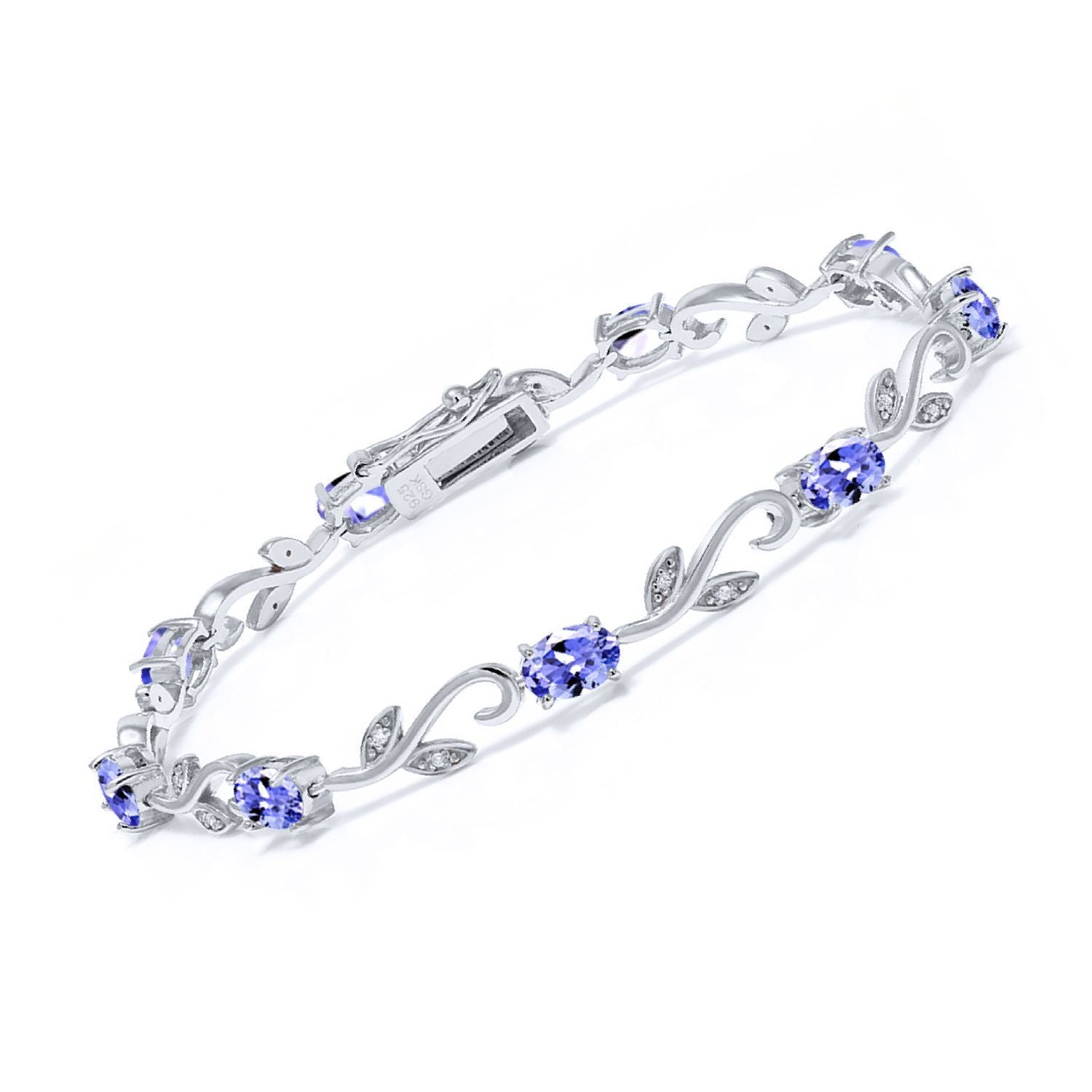 925 Sterling Silver Blue Tanzanite and White Diamond Greek Vine Tennis Bracelet For Women (4.18 Cttw, Gemstone Birthstone, Oval 6X4MM, 7 Inch)