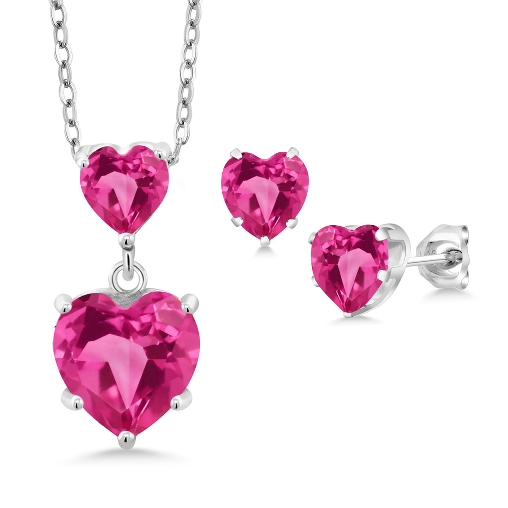 Pink Created Sapphire - September_Pendant Earrings Set in 925 Sterling Silver