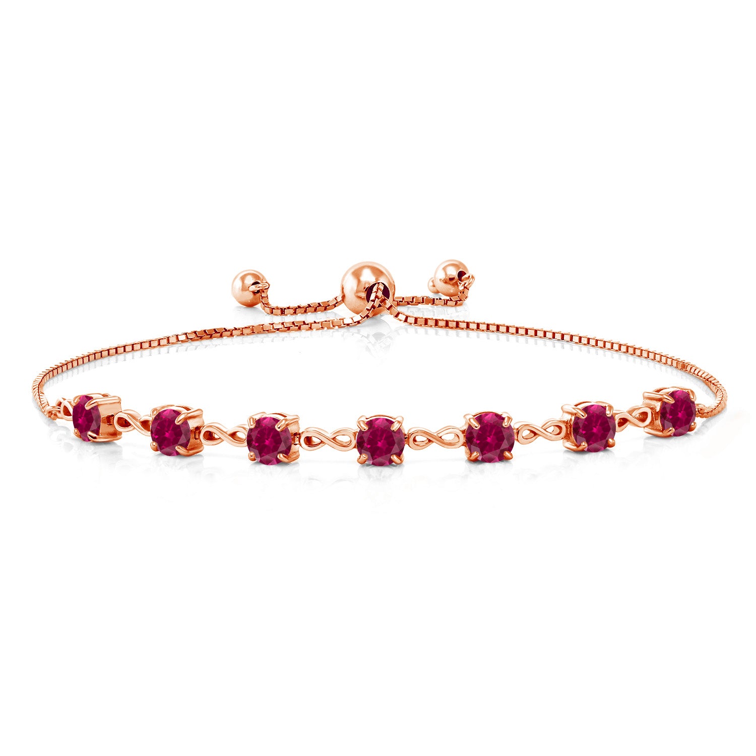 18K Rose Gold Plated Silver Red Created Ruby Infinity Tennis Bracelet For Women (2.80 Cttw, Gemstone July Birthstone, Round 4.5MM, Fully Adjustable Up to 9 Inch)