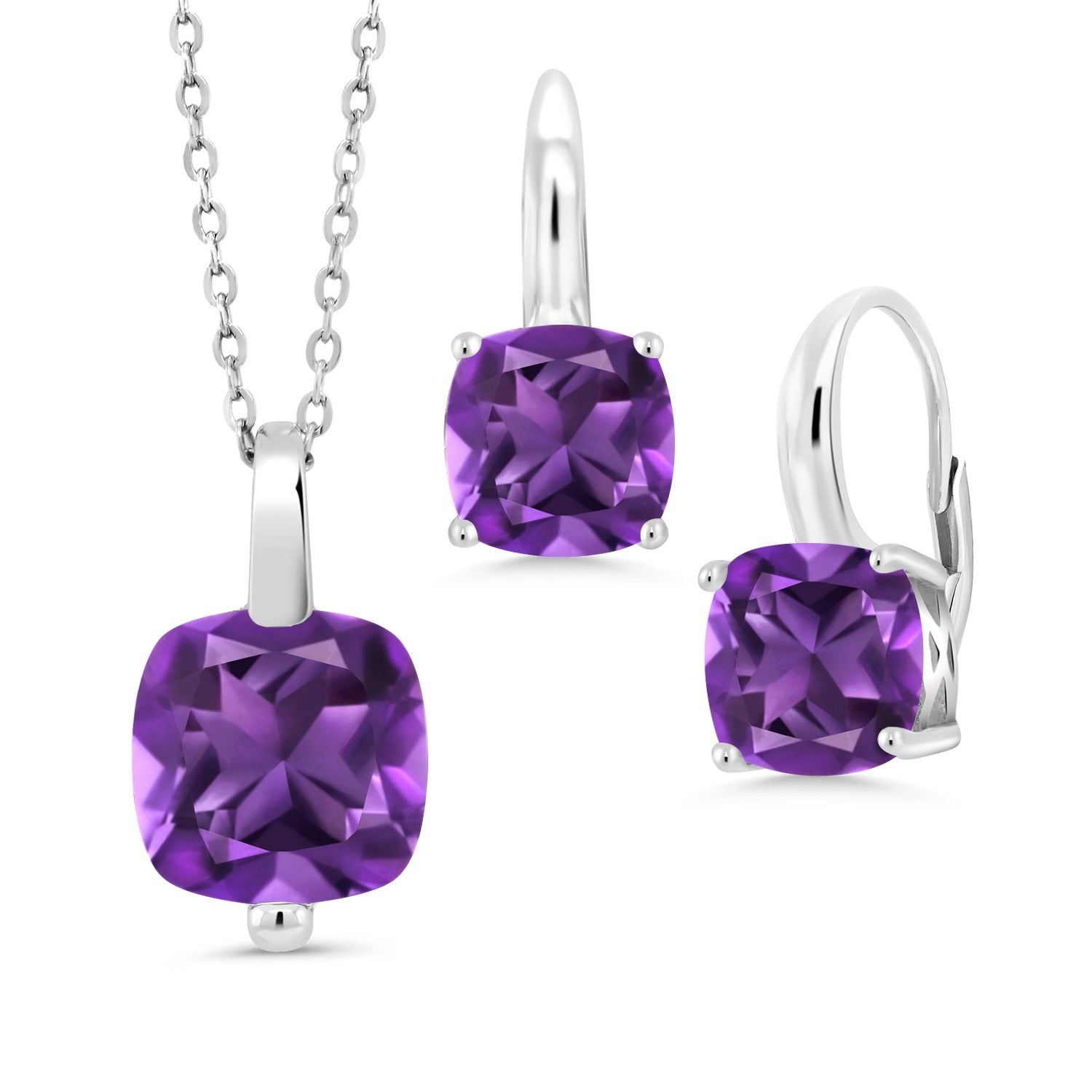 925 Sterling Silver Purple Amethyst Pendant Earrings Set For Women (7.20 Cttw, Gemstone Birthstone, Cushion Cut 10MM and 8MM, with 18 Inch Silver Chain)