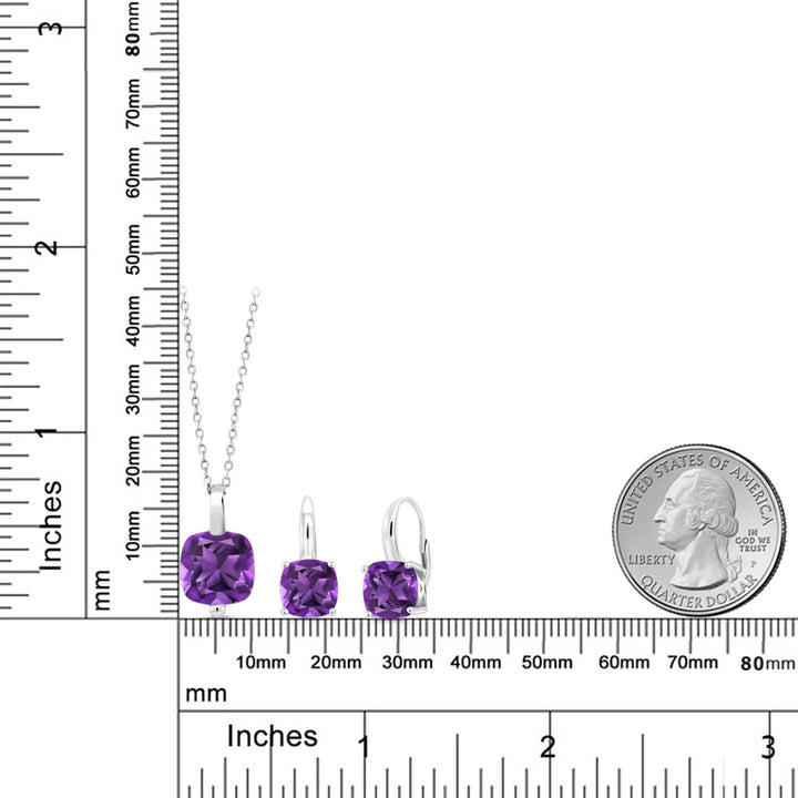 925 Sterling Silver Purple Amethyst Pendant Earrings Set For Women (7.20 Cttw, Gemstone Birthstone, Cushion Cut 10MM and 8MM, with 18 Inch Silver Chain)