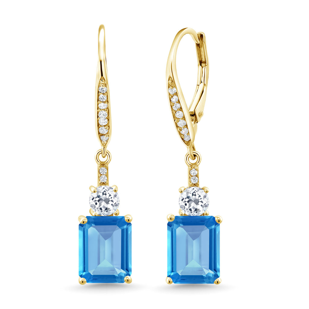 Gem Stone King 4-6 Cttw Leverback Drop Dangle Earrings for Women | Emerald Cut Gemstone Birthstone and White Topaz | 18K Yellow Gold Plated Silver | Gift for Her Wife Mom