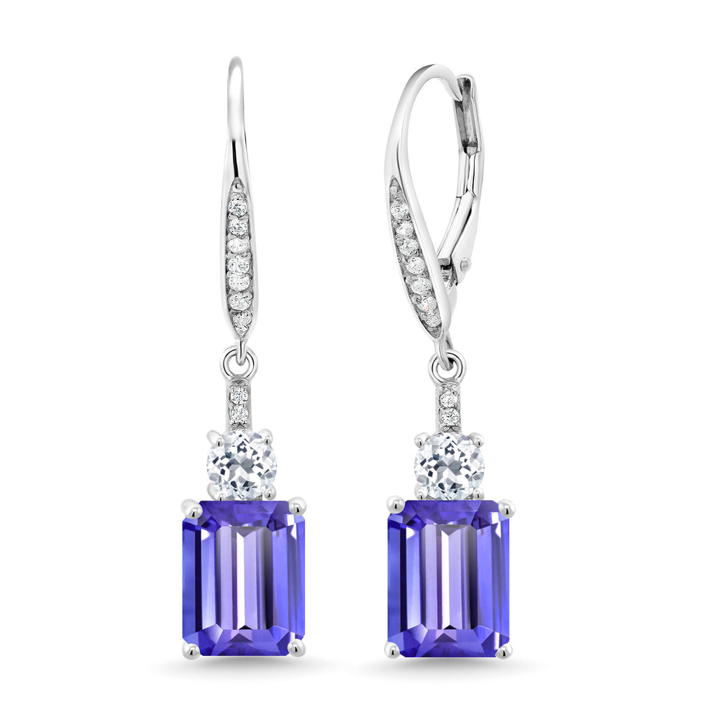 Gem Stone King Drop Dangle Gemstone Birthstone and White Topaz Earrings for Women | 925 Sterling Silver | Emerald Cut 9X7MM | Fine Jewelry Gifts for Her Mom Anniversary Wedding