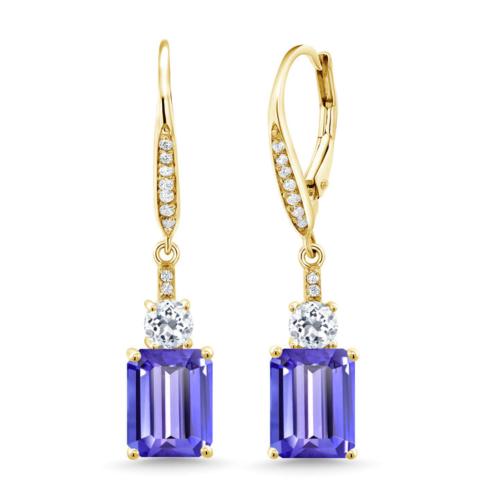 Gem Stone King 4-6 Cttw Leverback Drop Dangle Earrings for Women | Emerald Cut Gemstone Birthstone and White Topaz | 18K Yellow Gold Plated Silver | Gift for Her Wife Mom